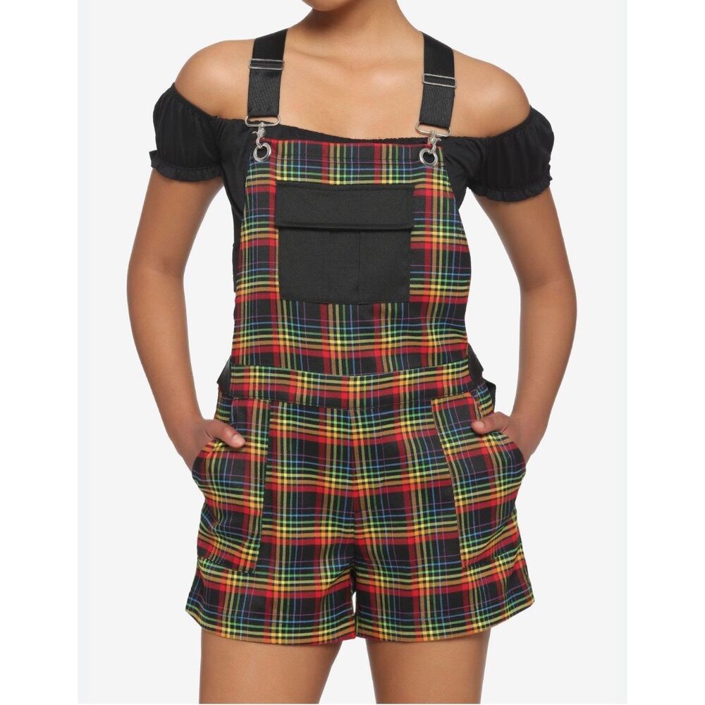 Hot Topic Red Yellow Green Plaid Overall Romper